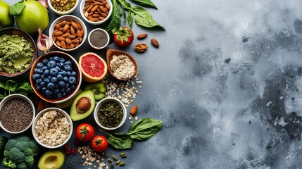 Healthy food clean eating selection. Fruit, vegetable, seeds, superfood, cereal, leaf vegetable on gray concrete background. Top view.
