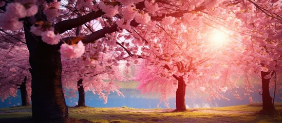 A row of cherry blossom trees in a park with sunlight filtering through their branches, creating a beautiful display of pink and magenta hues against the sky