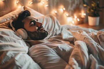 Naklejka premium Young man listening to music with headphones in bed at night. Young man relaxing in bed