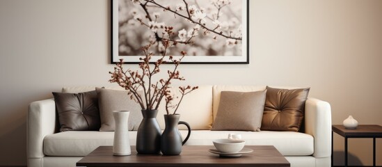 Brown flowers in ceramic vase on modern coffee table in elegant living room with monochrome artwork on wall