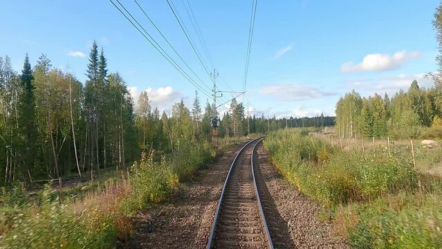 Track view from the train with an onboard camera showing the track it is left behind