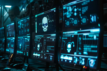 A control center with multiple screens displaying a skull icon, hacked by a hacker
