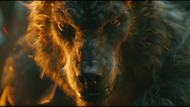 Evil werewolf looking at camera, wolf man close-up