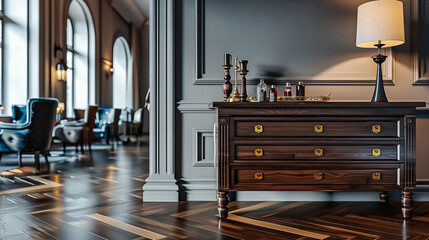 Luxurious Interior with Elegant Furniture and Decorative Mouldings, Offering a Blend of Classic...