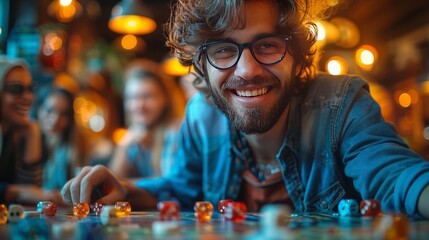 Man with glasses smiling while playing board game, enjoying leisure event - obrazy, fototapety, plakaty