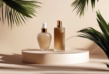 Fototapeta na wymiar Two glass amber bottles with black cap flat lay. DIY scene. Beauty products packaging scene