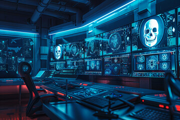 A control center with multiple screens displaying a skull icon, hacked by a hacker