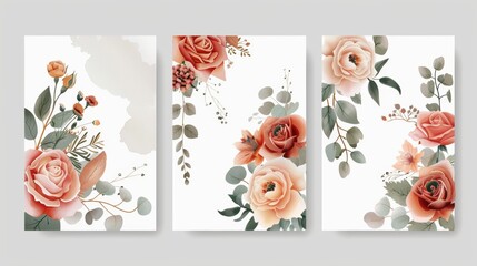 Flowers and leaves in a set of cards. Day of the week concept. Floral poster, invitation design background.