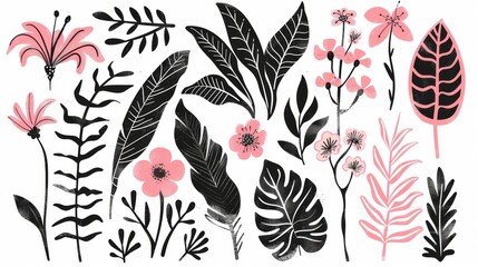 Doodle design elements. Exotic jungle leaves, flowers, and plants. Abstract contemporary modern trend modern illustration. Suitable for posters, Instagram posts, and stickers. - obrazy, fototapety, plakaty