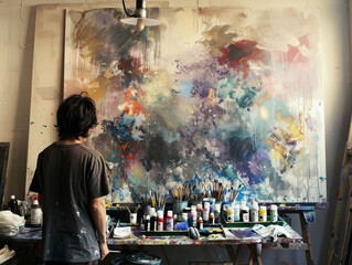 An artist is standing back to critique a vibrant and chaotic abstract painting in a messy art studio