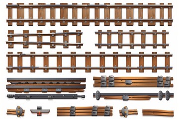 A realistic modern set of tram track, road for locomotives and wagons with rails, fastenings, and concrete ties.