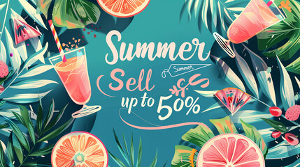 Illustrations of tropical summer with text 