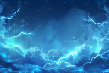 Fototapeta na wymiar Thunder and smoke cloud with realistic lighting. Mysterious lightning glow border wide panoramic element. Magic spell mist glowing with energy charge overlay in turquoise.