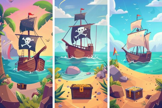 An adventure cartoon poster of kids at a pirate party with gold treasure chests on a secret island, a filibuster ship with jolly rogers flag and cannon, an invitation to a children's event, and