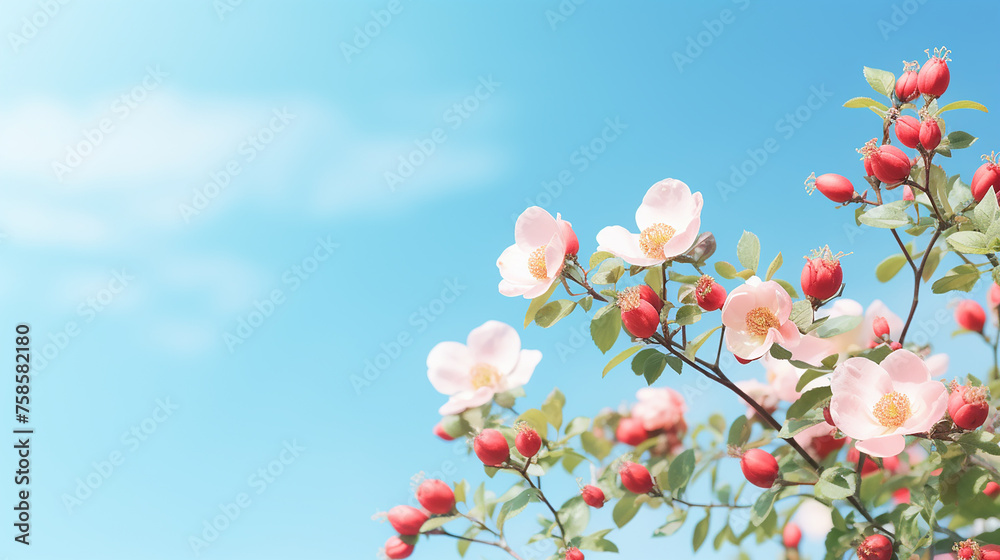 Wall mural beautiful spring border blooming rose bush on a blue sky background