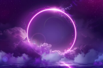 Circle neon frame with smoke on water surface. Round glowing frame with magic light among soft clouds. Purple ring with bright sprites and flares. Realistic 3D modern abstract mysterious background.