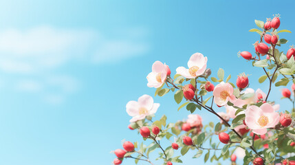 beautiful spring border blooming rose bush on a blue sky background