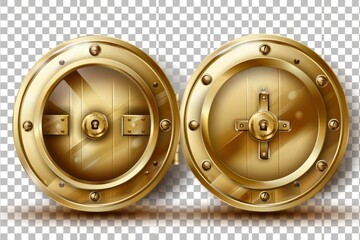 The 3d circle golden door to a bunker or bank safe is isolated on a transparent background with a gold lock, surrounded by a round gate with a gold lock. Example of a closed and open circle golden