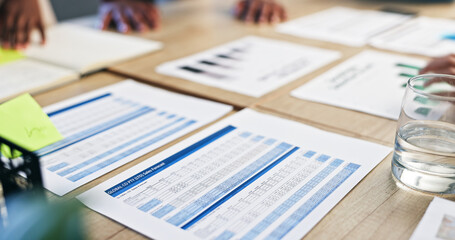 Obraz premium Business hands, documents and report on graphs, charts and statistics for market research. People, data analyst with feedback or project management, plan and teamwork or ideas for growth in meeting