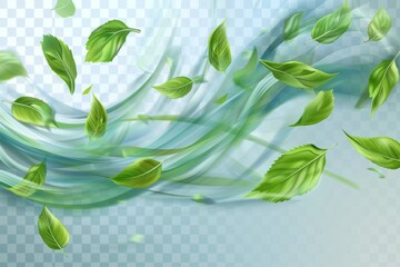 An illustration of blue winds, swirls and waves flying over flying green leaves. An illustration of fresh winds with mint leaves isolated on transparent background. - obrazy, fototapety, plakaty