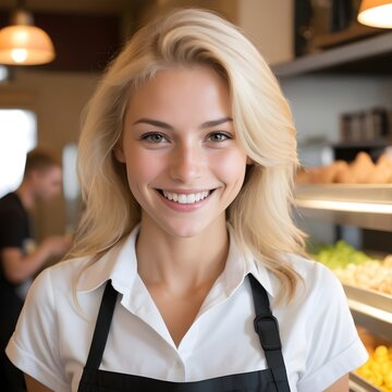 un serveur souriant blond ayant une aura de vendeur et charismatique
