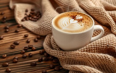 A steaming cup of latte art coffee resting on a wooden surface, surrounded by coffee beans and burlap, evoking a warm, cozy atmosphere