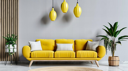 Vibrant and Modern Living Space, Accented with a Comfortable Sofa, Bright Yellow Touches, and Scandinavian Minimalism for a Cheerful Atmosphere