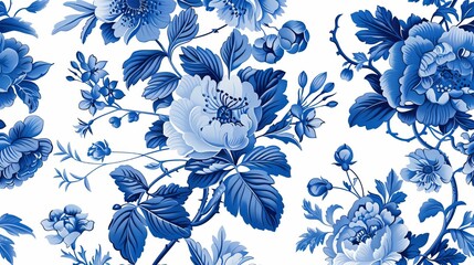 The bloom seamless pattern features vintage florals in blue and white colors. It is reminiscent of traditional Chinese patterns.
