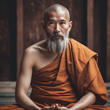 old and wise monk PLEASANT LOOKING with a beard sitting in meditation