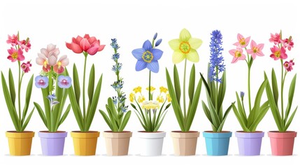 An isolated illustration of spring flowers in pots on a white background