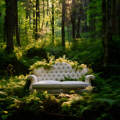 White sofa abandoned in the forest.