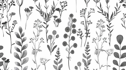 Monochrome Abstract Nature Pattern with plants and flowers. Can be used for wallpaper, pattern fills, website backgrounds, and surface textures.