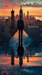 Fototapeta na wymiar A man in a suit gazes at the cityscape from a bridge as the sunset creates a beautiful afterglow in the sky, lighting up the skyscrapers and reflecting off the water below