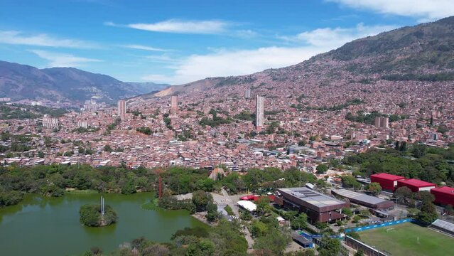 Medellin, Colombia. Aerial View of Brasilia and Moravia Residential Neighborhoods, North Park. Drone Shot