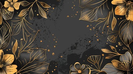 The greenery greeting/invitation card template design features leaves and flowers with hand-drawn graphics on a gray background with a black and golden color scheme. - obrazy, fototapety, plakaty