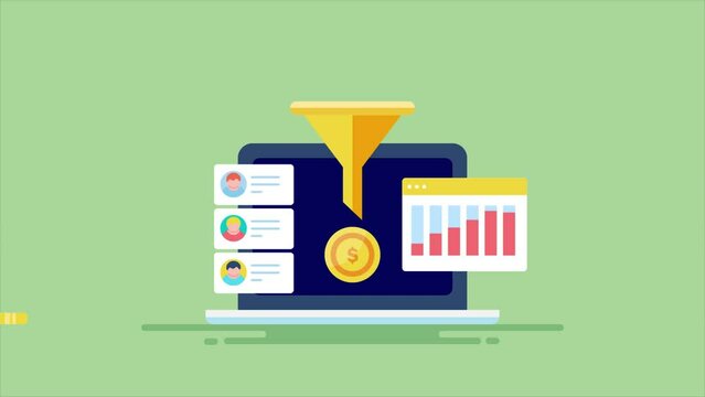 Lead generation with email marketing campaign, sales conversion funnel and increase business revenue digital dashboard screen, video animation 2d clip. 