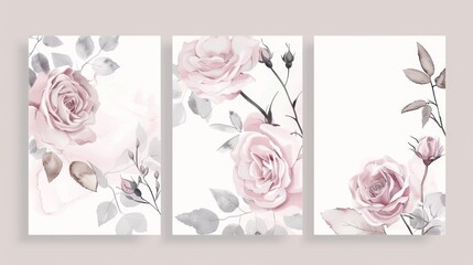 Flowers, leaves, and a rose on a card. Floral poster and invite. Modern decorative greeting card background.