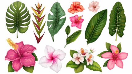Arrangement of leaves and flowers from traditional and tropical regions
