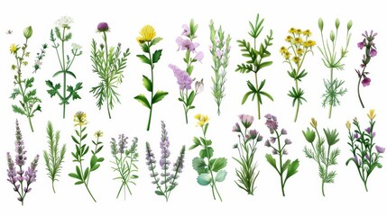 Hand drawn detailed botanical modern illustration of a beautiful collection of wild herbs, herbaceous flowering plants, blooming flowers, shrubs, and subshrubs. - obrazy, fototapety, plakaty