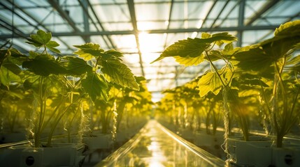 Bioengineered Plant, glowing leaves, revolutionizing agriculture, in a high-tech greenhouse, artificial sunlight, Photography, Golden Hour