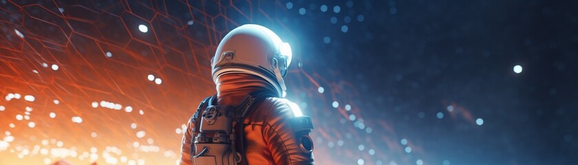 Astronaut, futuristic spacesuit, exploring new planet, intense debate among fans, 3D render, spotlight, HDR - obrazy, fototapety, plakaty