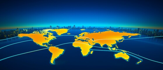 Close view of a world map, glowing lines between financial hubs symbolize the backbone of international commerce