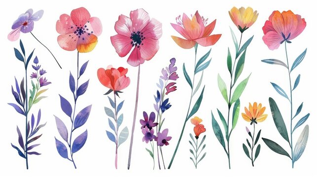 The modern flowers set includes a colorful floral collection with leaves and flowers drawn in watercolor. It is suitable for invitations, wedding cards, or greeting cards for spring and summer.