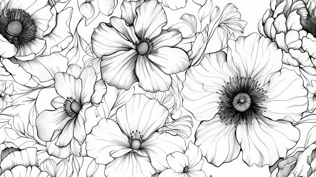 Black and white floral pattern with flowers. Line art illustration. Floral pattern for invitations, wallpapers, gift wrap, and other print media.