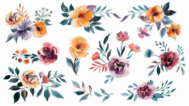 Colorful floral design with leaves and flowers, using watercolor. Perfect for invitations, weddings, or greeting cards this spring or summer.