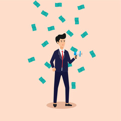 profit announcement, opportunity for profit from investment, businessman holding banknote megaphone around him, vector illustration