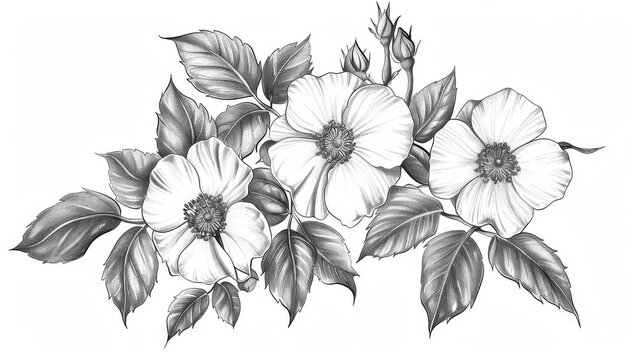 Drawing and sketch of Rosa canina flower on black and white paper.