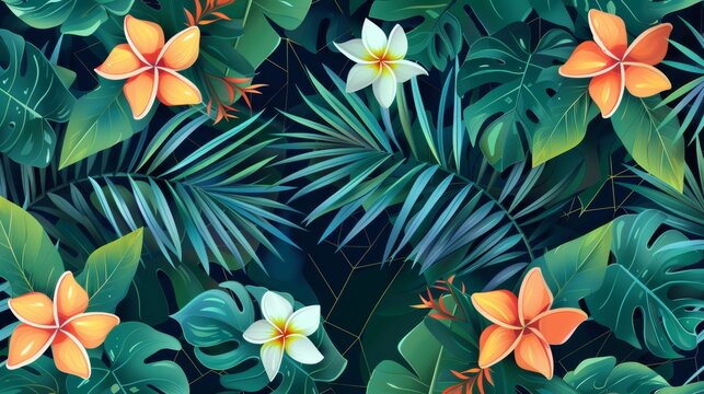 Hand painted illustration on geometric background with tropical leaves and flowers.
