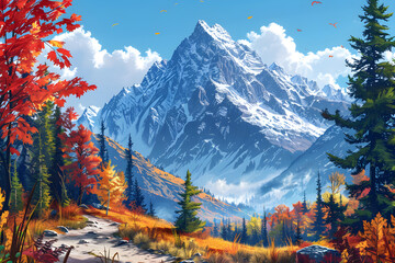 Beautiful autumn mountain landscape with snowy mountains and forest, perfect for print, flyer, background, and travel concept