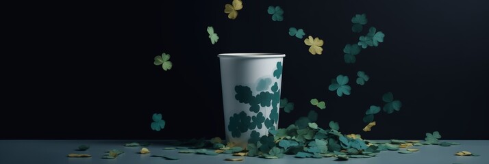 St. Patrick's Day, pint of beer, clover, confetti, minimalism 